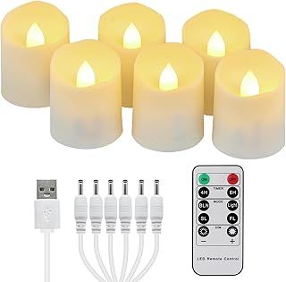 FREEPOWER 6pcs Rechargeable LED Tea Lights with Remote Control and Timer Warm White Flickering Dimmable Electric Flameless Candles with USB Charging Cable, Home Party Halloween Christmas Decor