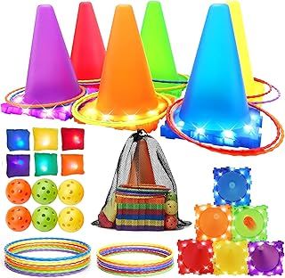 Bean Bag Toss Game Toys - Light Up 3 in 1 Carnival Games Set, Cones Bean Bags Ring Toss, Garden Game Indoor Outdoor Throwing Games for Family Activity, Gifts for Age 3+ Years Old Girls Boys Toddlers