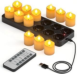 Yme Rechargeable Tea Lights Candles with Charing Station, 12 Pack Battery Operated LED Flameless Votive Candles with Remote Timer for Halloween Christmas Party Home Room Decor