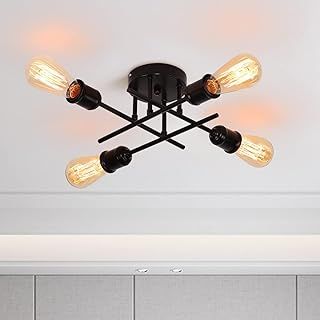 Qcyuui Industrial Semi Flush Mount Ceiling Light 4-Light Rustic Black Chandelier with E27 Base, Modern Sputnik Ceiling Lighting Fixture for Kitchen Dining Living Room Bedroom