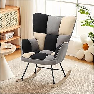INMOZATA Rocking Chair for Nursery Patchwork Fabric Relaxing Recliner Chair Wingback Accent Chair with Solid Wood Legs for Home Living Room Bedroom(Multicolor)