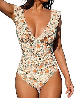 CUPSHE Women's One Piece Swimsuit Ruffled Lace Up Beach Swimwear Tummy Control Bathing Suit Swimming Costume