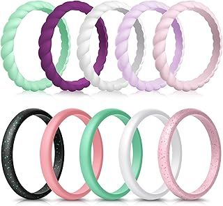Forthee 10 Pack Silicone Wedding Ring for Women, Thin and Braided Rubber Band, Fashion, Colorful, Comfortable fit, Skin Safe