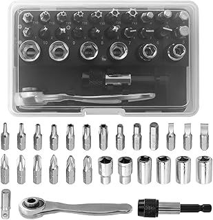 Mesee 28-Piece Mini Screwdriver Bit & Socket Set with Right Angle Ratchet Wrench and Extension Bar, CR-V Metric Driver Sockets 1/4" Hex Shank Multi-Bit Torx Sloted Hexagon Pozidrive Phillips Bits