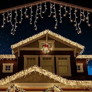 ANSIO® Outdoor Christmas Lights 120 LED 4m/13ft Icicle Lights Outdoor & Indoor Warm White Decorations String Fairy Outside Lights with Timer for Xmas Garden Bedroom & Party|Mains Powered Clear Cable
