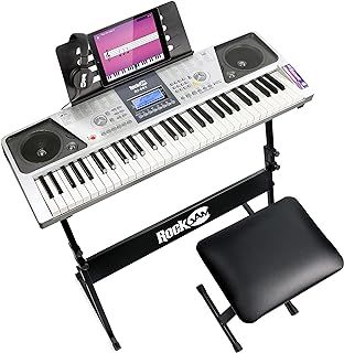 RockJam 61 Key Keyboard Piano Kit with Digital Piano Bench, Electric Stand, Headphones Note Stickers & Simply Lessons, Grey