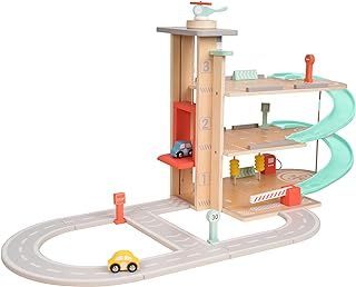 Owl & Fox Traditional Wooden Play Garage, Three Tier Garage with Ramps, Petrol Pump, Car Wash, Parking Barrier, Cars, Helicopter and Accessories, Interactive Imaginative Role Play