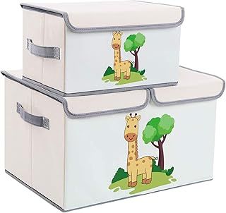 DIMJ 2 Pack Toy Boxes with Lid, Large Kids Storage Box Cartoon Fabric Toy Organiser Foldable Bins with Handles for Kids, Clothes, Toys, Books, Nursery, Home (Beige 2)