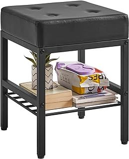 IBUYKE Square Makeup Stool with Adjustable Feet and Storage Space, Footrest Stool, PU Seat Vanity Stool, Multi-Use as Small Side Table or Ottoman, for Bedroom, Black L/G-60B