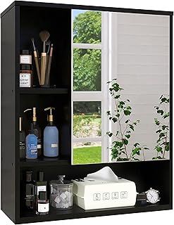 SMIBUY Bathroom Mirror Cabinet Wall Mounted, Bamboo Space Saver Medicine Cabinet, Wall Hanging Over Toilet Storage Cabinet with Mirror Door and Adjustable Shelf (Black)