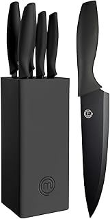 MasterChef Knife Set with Block, 5 Kitchen Knives with Sharp Stainless Steel Blades (Chef, Paring, Utility, Carving, Bread) Soft Touch Easy Grip Handles & Universal Knife Holder, Essential Black