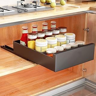 SAYZH Pull Out Cabinet Organiser, Slide Out Drawer for Kitchen Cupboard, (43 CM Depth x 30 CM Width x 9CM Height), Roll-Out Extendable Sliding Drawer, No Need Drill and Nailing (Black)
