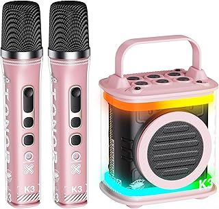 TONOR Mini Karaoke Machine with 2 Wireless Microphones, Portable Bluetooth Speaker for Kids Adults with Microfono Mic and Colorful LED Lights, Children Girls Boys Birthday Gift Home Singing Party Pink