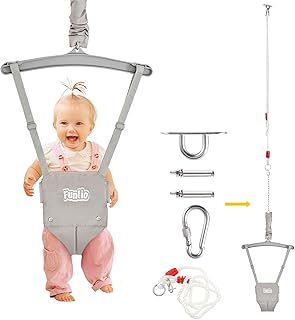FUNLIO Baby Jumper with a Ceiling Hook for 6-24 Months, Baby Door Jumper for Indoor/Outdoor Play, Infant Jumper Doorway with Adjustable Chain, Easy to Assemble & Store (with a Ceiling Hook)-Grey