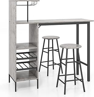 COSTWAY 3 Piece Bar Table Set, Kitchen Table and Stools with Glass Holders, Wine Racks, Storage Shelves & Adjustable Foot Pads, Counter Height Dining Table Set for Bistro Living Room (Grey)