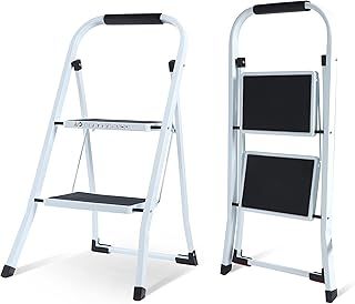 3 Step Ladder –Folding Step Ladder, Portable With Anti-Slip Mat & Comfortable Soft Handgrip, Heavy Duty Steel Step Ladder - Easy to Store Step Ladders, 150KG Max Capacity (3 Step - White)