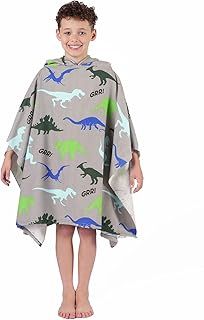 Dreamscene Kids Poncho Towel, Swimming Pool Hooded Changing Robe, Surfing, Beach, Baths, Quick Dry Soft Microfibre, Dino Print, 140x100cm