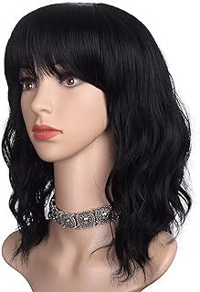 Short Black Bob Wig with Fringe for Women 16 Inches Wavy Natural Synthetic Hair Bangs Wigs (Natural Black)