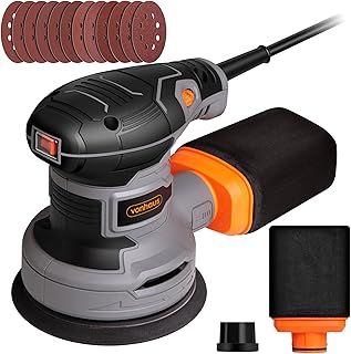 VonHaus Random Orbit Sander - Variable Speed up to 14000RPM with 12 Sanding Pads Included, Dust Collection System, Soft Grip Handle 300W and 125mm Pad Size