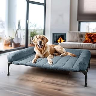 Elevated Dog Bed with Removable Bolster, Fluffy Raised Dog Bed off Ground Elevated Dog Bed Portable Raised Pet Cot with Cushion, No-Slip Feet Indoor Outdoor, Haze Blue 107 x 76 x 18 cm
