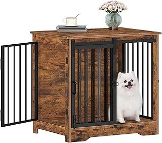 Dog Crate Furniture, 69 cm Double Door Dog Crate with Barn Door, Indoor Kennel, End Side Table Wooden Animal Crates for Small Dogs, Anti-Chew Anti-Escape, Rustic Brown DFC84301B