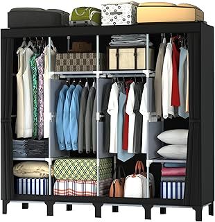LOEFME Canvas Wardrobe, 165 * 45 * 175 cm Portable Wardrobes for Bedroom, Four-column Spacious Foldable Wardrobe, Easy Assembly Cloth Wardrobe, New Base Design Fabric Wardrobes, Black
