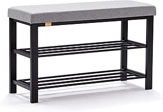 Canopus Shoe Bench,3-tier Shoe Rack Shelf Organiser with Padded Cushion Seat, Steel Frame, for Entryway Hallway Living Room Industrial Accent Furniture 81x32xH50cm (Light Grey, Linen)