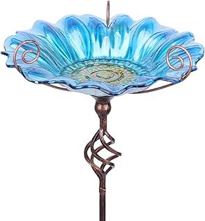 MUMTOP Bird Bath for Garden - Glass Bird Bath Bowl Bird Feeders Bowl Flower with Metal Stake for Garden Decor (Blue)