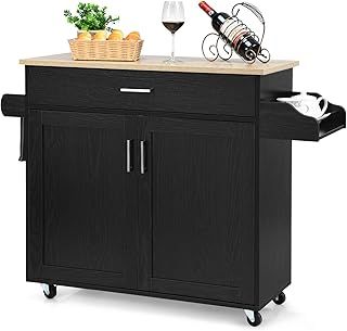 TANGZON Kitchen Island on Wheels, Rolling Storage Trolley with Large Cabinet, Drawer, Adjustable Shelf, Wood Worktop, Spice & Towel Rack, Utility Serving Cart for Dining Living Room Restaurant (Black)
