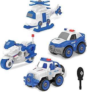 VoMii 4PCS Take Apart Toys for 3-8 Year Old Boys Construction Toys DIY Assembly Police Car Toy Airplane Toy Motorbike Toy Boys Girls Kids Learning Educational Toys