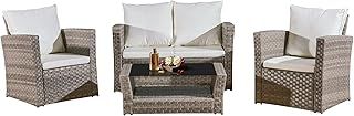 Rattan Garden Furniture Grey 4 Pieces Outdoor Patio Conversation Set with Patio Love Seats, Coffee Table,4 Seater Outdoor Table and Chairs