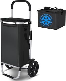 VOUNOT® Folding Shopping Trolley, Aluminium Lightweight Shopping Basket with Insulated Cooling Bag, Waterproof Fabric, Mudguard Stair Climbing Wheels Grocery Trolley, 58L Black