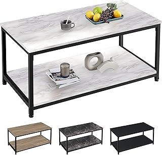 Industrial Coffee Table for Living Room Large Side Table with Metal Leg 2 Tiers Stylish and Durable Industrial Coffee Table with Storage Perfect for Any Room 100x50x45cm (White Marble)