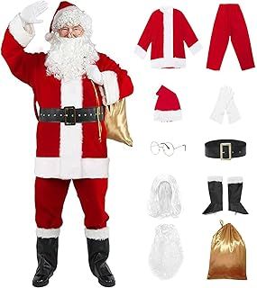 GEMVIE Adult Men's Deluxe Santa Claus Costume Christmas Santa Suit 10 Pcs Xmas Cosplay Santa Outfits