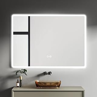 Sunowl 700x500mm Bathroom Mirror with LED Lights, Energy-Saving Wall-Mounted Vanity Mirrors, Illuminated Bathroom Mirror 3 Colors Dimmable/Demister Pad, Horizontal