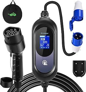 EVJUICION EV Charger 7KW Type 2 6M, 8/10/13/16/32A, 12 Hours Delay Timer, IP67 Waterproof, 7.4kW Electric Car Charger with Large Digital Display, 32Amp Commando Socket, Wall Mount Holder and Carry Bag