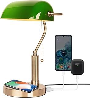 FIRVRE Green Glass Bankers Lamp, E27 Desk Reading Lamp, Classic Retro LED Table Lamp with Wireless Charging USB Port, Vintage Brass Pull Chain Switch Nightstand Bedside Light for Home Office Bedroom