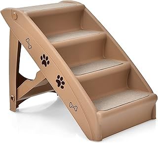 Folding Dog Steps, Portable Pet Stairs with Non-slip Footpads, Comfortable Felt and Adorable Pattern, Access Pet Ladder Ramp for High Bed, Couch and Sofa (Coffee)