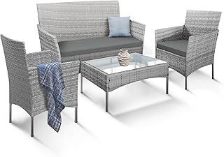 KEPLIN 4-Piece Rattan Garden Furniture Set Outdoor Lounger Sofa, Stackable Chairs & Bistro Table - UV-Resistant, Easy Storage - Patio Dining (Grey)