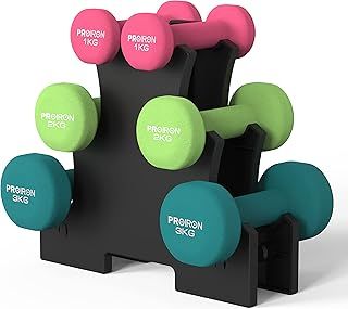 PROIRON Anti-Slip Neoprene Dumbbell Pair 1kg 1.5kg 2kg 3kg 4kg 5kg 6kg 7kg 8kg 10kg and Weights Set (1 kg/2 kg/3 kg Pair with Stand) for Women Men Gym Home Exercise Arm Hand-Macaron Colors