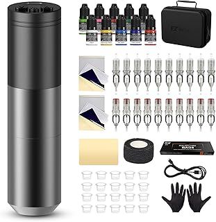 EZ Tattoo Kit - Tattoo Gun Kit with Wireless Tattoo Machine, 1500mAh Battery Power Supply, 20Pcs Tattoo Needles and 10 Color Inks for Tattoo Beginners and Artists (Lancer Grey)