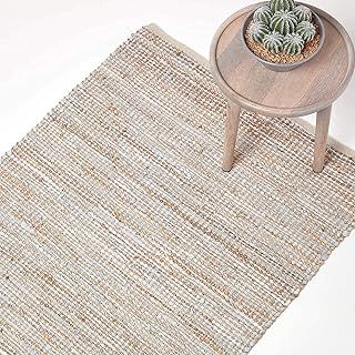 HOMESCAPES Leather Rugs Living Room, Natural Handwoven Madras Leather Hemp Rug, 100% Recycled & Planet Friendly, Large Natural Beige Grey Carpet for Bedroom, Hallway & Kitchen, 90 x 150cm