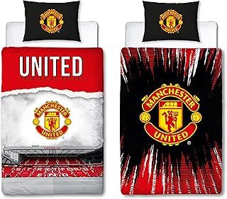 Manchester United FC Official Single Duvet Cover Set, Theatre Design | Red Reversible 2 Sided Football Stadium Bedding Cover Official Merchandise Including Matching Pillow Case