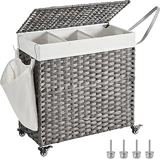 SONGMICS LCB363G01 Laundry Basket with Lid, 140L, Woven Dirty Laundry Basket with Wheels, 3 Compartments, Removable Inner Bag, for Laundry Room, Bedroom, 66 x 33 x 66 cm, Grey