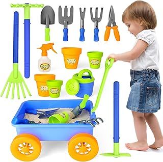 Pull along Kids Wagon Wheelbarrow and Gardening Tools Play Set Includes 10 Accessories and 4 Plant Pots