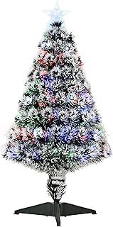 HOMCOM 3ft Artificial Prelit Christmas Tree, Snow Xmas Tree with Colourful LED Lighting Fiber Optics, Green White
