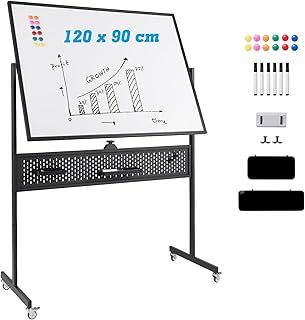 COSTWAY Double Sided Magnetic Whiteboard, Adjustable Mobile Revolving Board with Magnets, Pens & Eraser, Standing Dry Wipe Writing Whiteboard for Home Office School (120 x 90 CM, Black, with Pegboard)