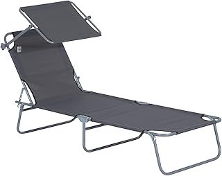 Outsunny Outdoor Foldable Sun Lounger, 4 Level Adjustable Backrest Reclining Sun Lounger Chair with Angle Adjust Sun Shade Awning for Beach, Garden, Patio, Grey