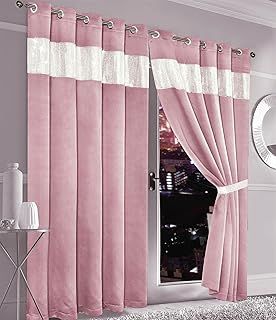 Olivia Rocco Diamante Blackout Eyelet Curtains With Tie Backs Black Out Thermal Ring Top Curtain Pair Window Dressing, 66" (Width) x 72" (Drop) Blush Pink