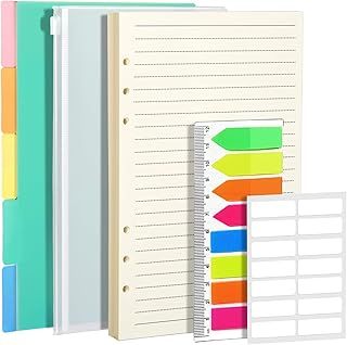 A5 Refills - Lined Paper Set with PP Binder Divider, Neon Index Flag & Zipper Pocket, Paper Inserts with Subject Divider, Planner Inserts